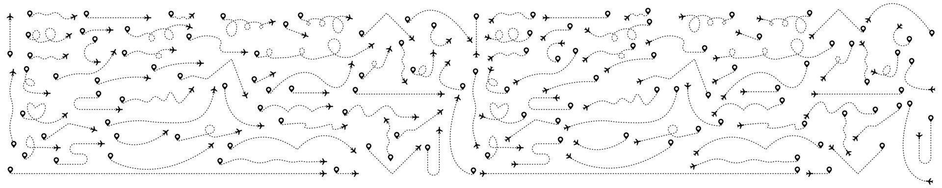 Big collection dotted airplane trajectories. Path or way of plane vector icons