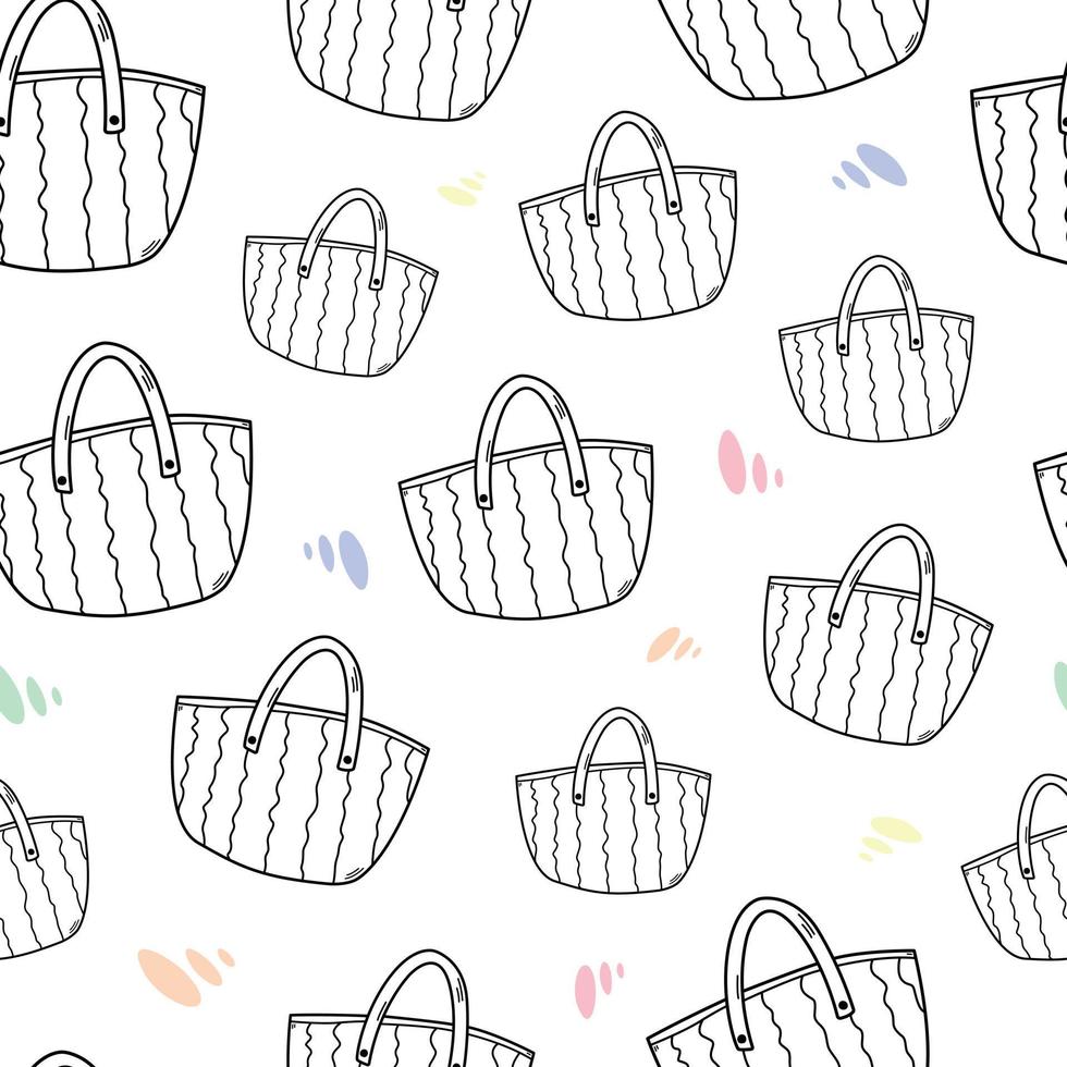 Seamless pattern with hand drawn outlined beach bags and colorful little shapes doodle style, vector illustration on white background. Design for wrapping and packaging