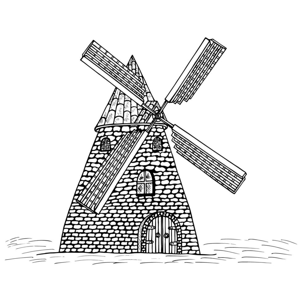 Windmill, vector illustration of doodles, freehand drawing in vintage style