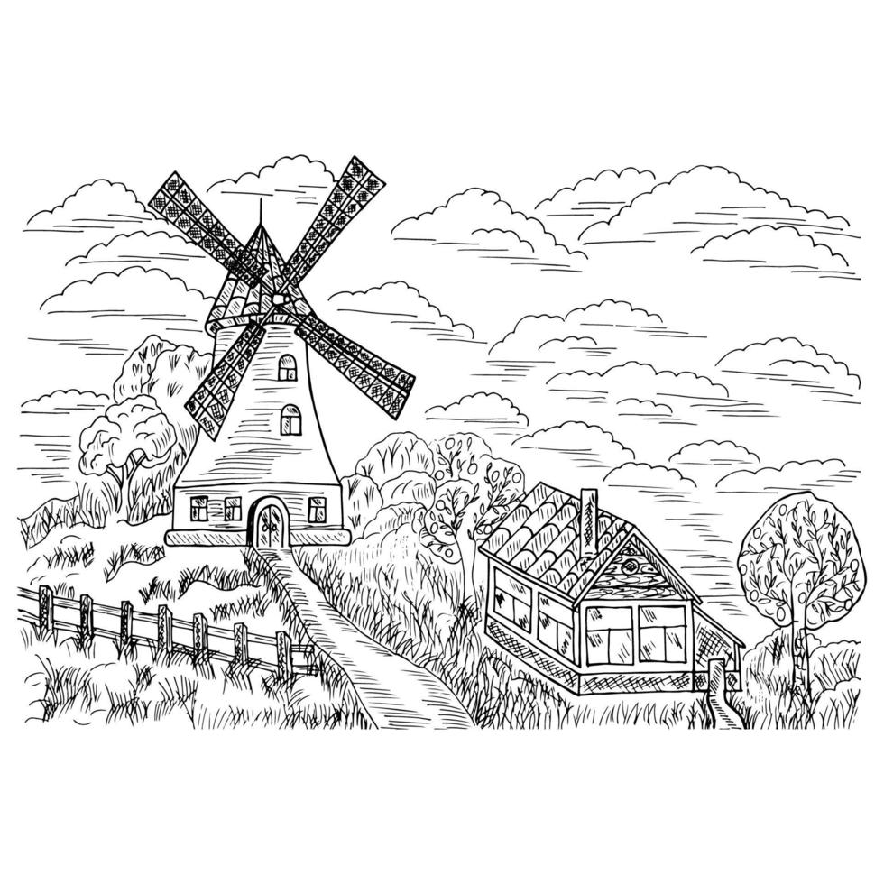 a house next to a wheat field and a windmill, hand-drawn vector illustration in vintage style