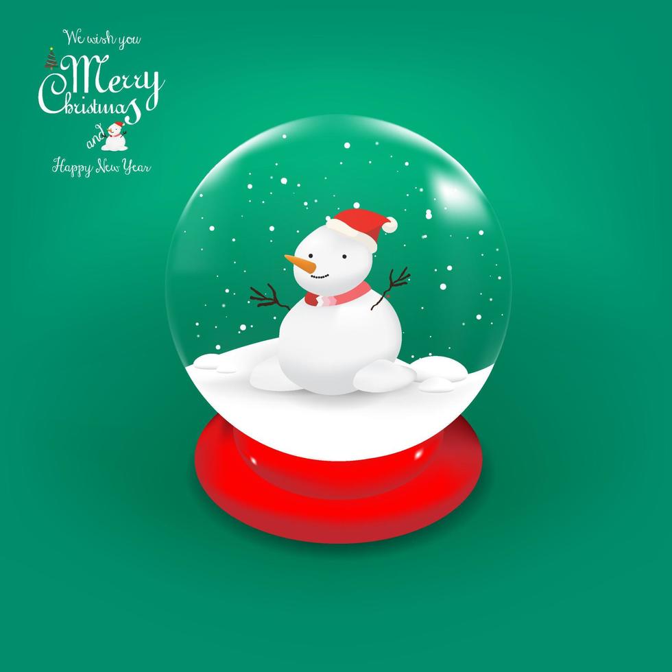 Snowman inside the crystal ball with snow flake on red background 3d cartoon style. vector