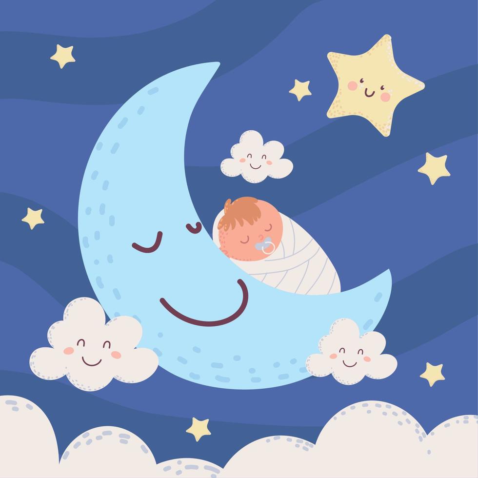 sleeping baby on moon vector