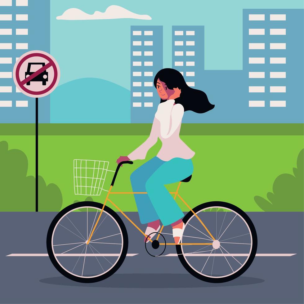 mundo libre de autos, niña en bicicleta vector