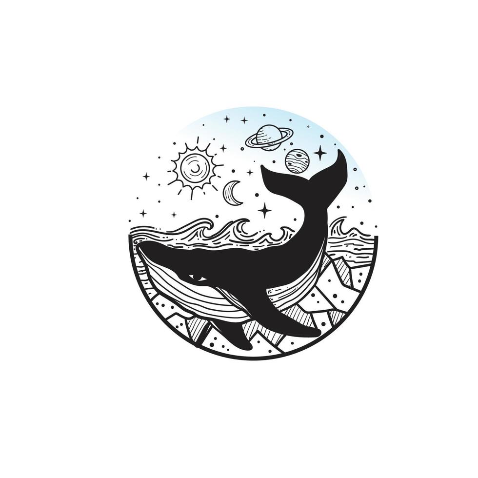 hand drawn whale and planets in solar system vector