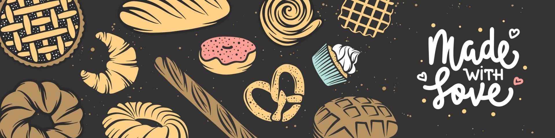 Bakery horizontal banner cover. Lettering advertising design with bread, pastry, pie, buns, sweets, cupcake. Modern hand drawn linear graphic template. Bakery shop. Made with love. vector