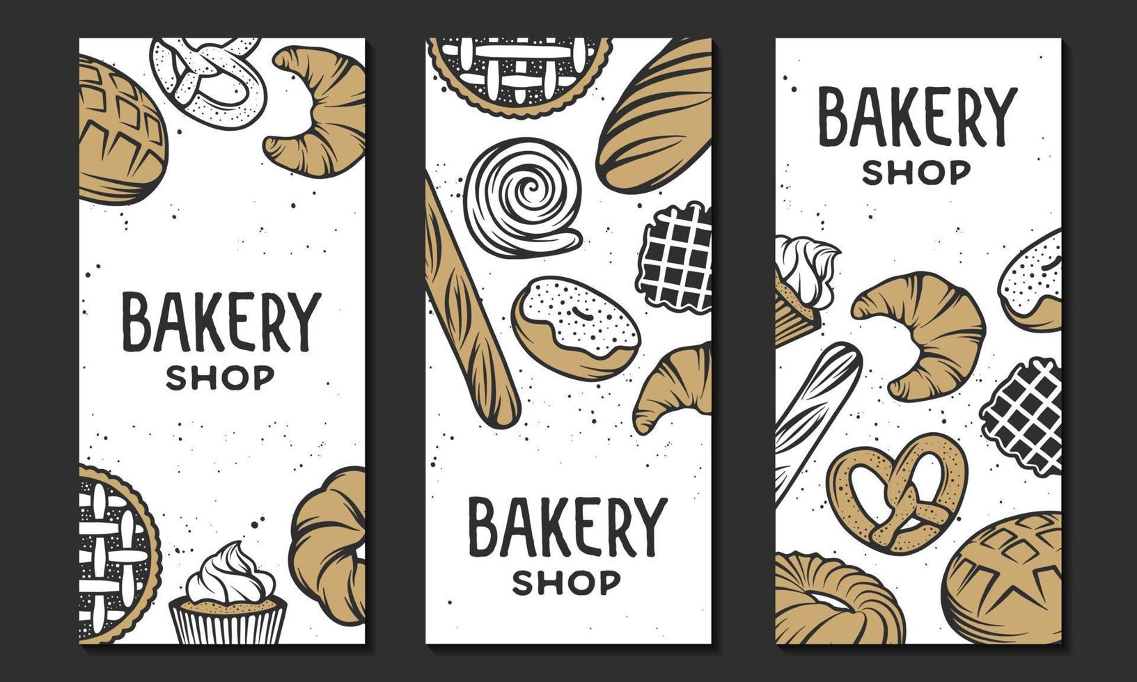 Set of vector bakery engraved elements. Typography design with bread, pastry, pie, buns, sweets, cupcake. Collection of modern linear graphic design vertical banner template. Bakery shop.