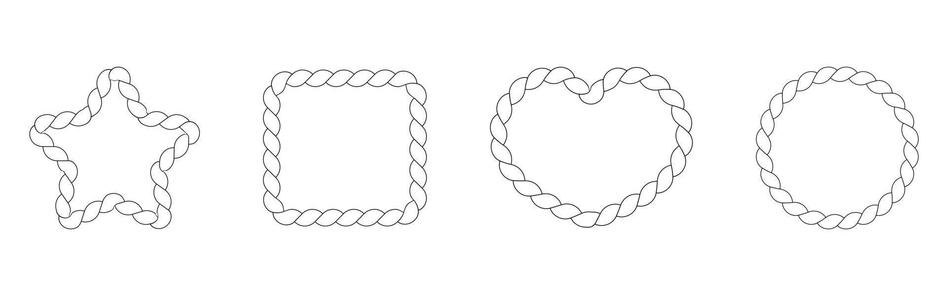 Rope frame in the form of circle, star. Square nautical cord border. Vector simple linear illustration.