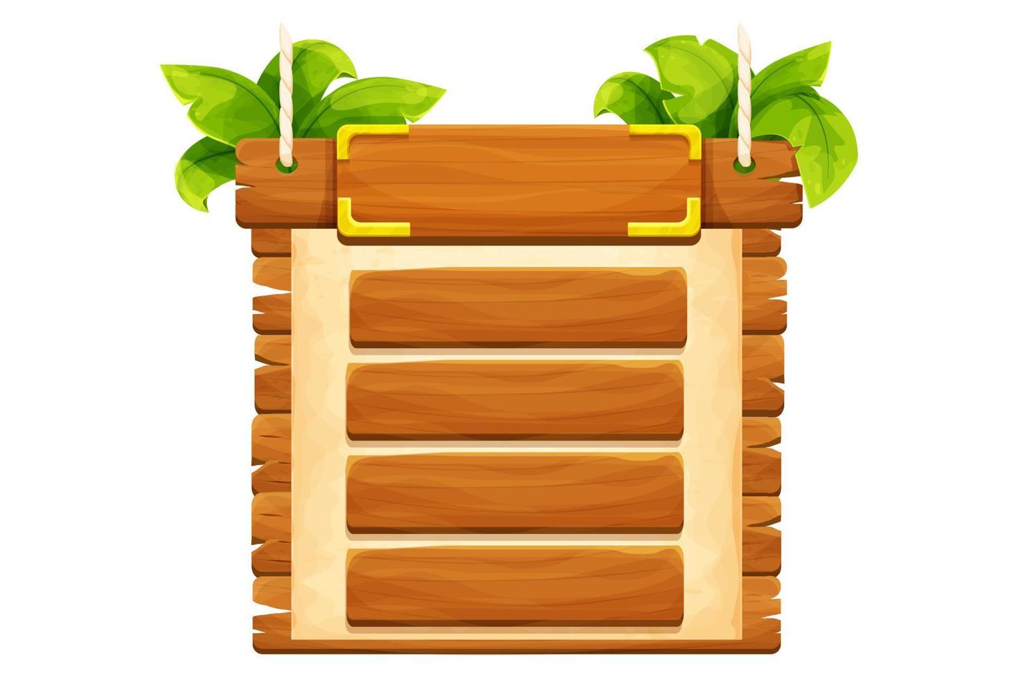 marco de la selva con tablones de madera, papel viejo, cuerda, plantas decoradas y hojas en estilo de historieta cómica aislado sobre fondo blanco. imágenes prediseñadas tribales y rurales. activo del juego ui. ilustración vectorial vector