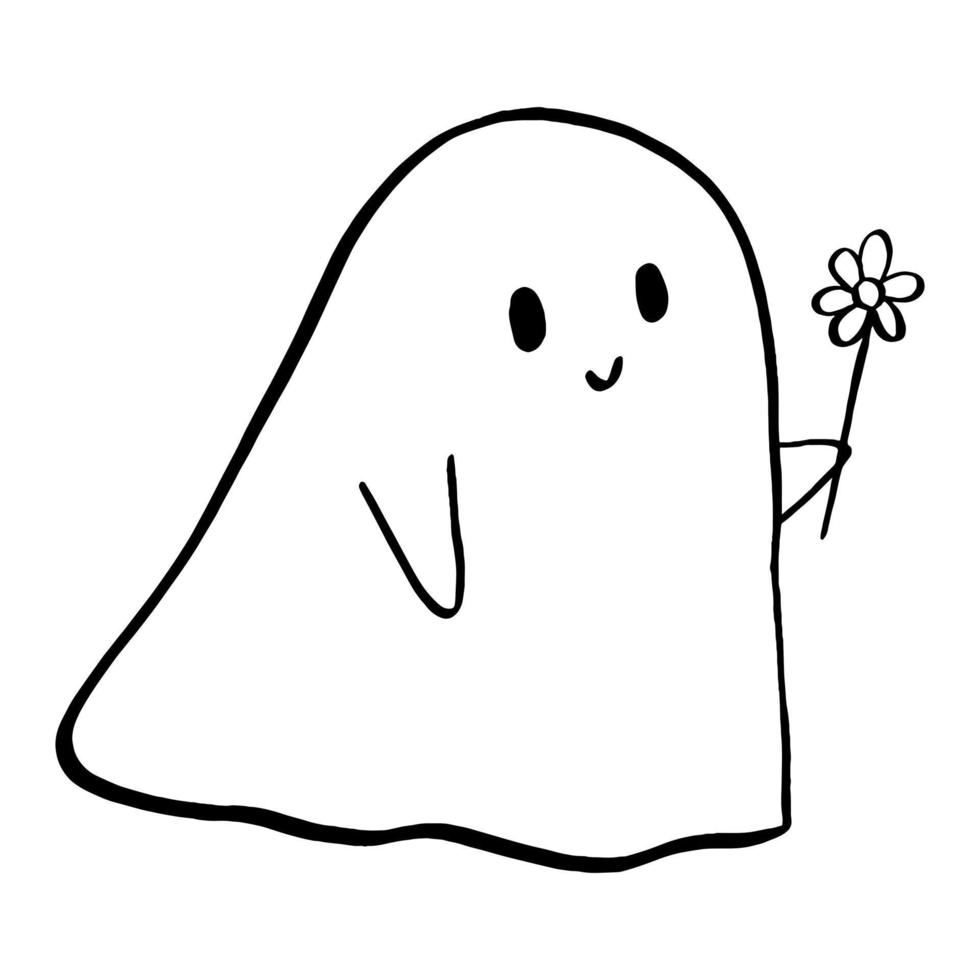 ilustración vectorial del pequeño fantasma de halloween sosteniendo una línea de dibujos animados de flores sobre fondo blanco. vector