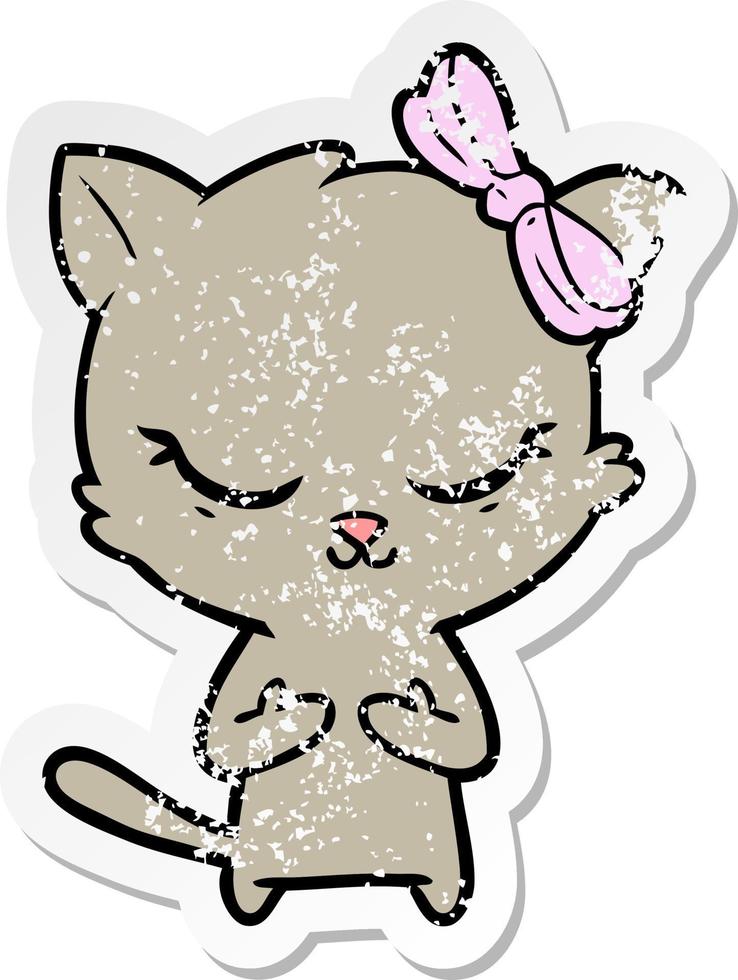 distressed sticker of a cute cartoon cat with bow vector