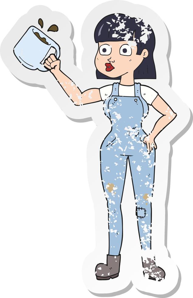 retro distressed sticker of a cartoon female worker with coffee mug vector