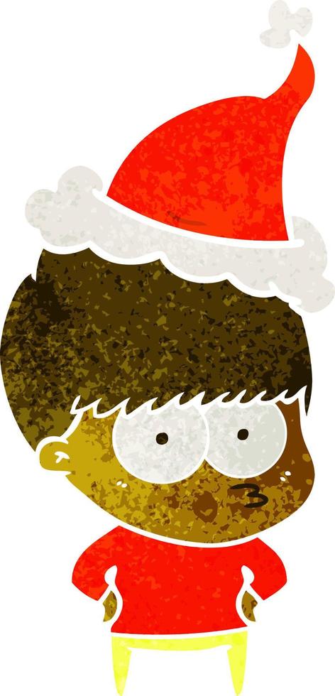 nervous retro cartoon of a boy wearing santa hat vector