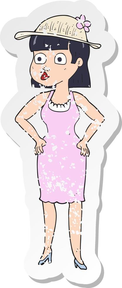 pegatina retro angustiada de una mujer de dibujos animados con sombrero para el sol vector