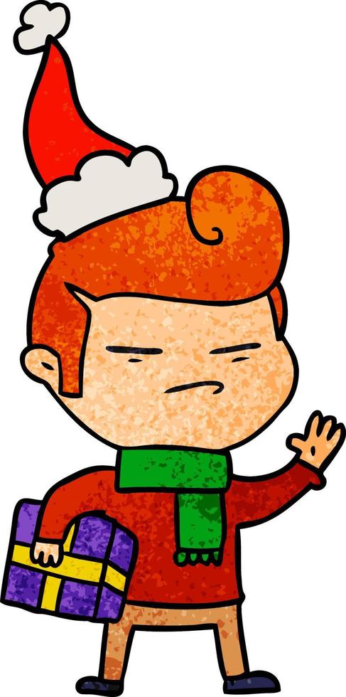 textured cartoon of a cool guy with fashion hair cut wearing santa hat vector