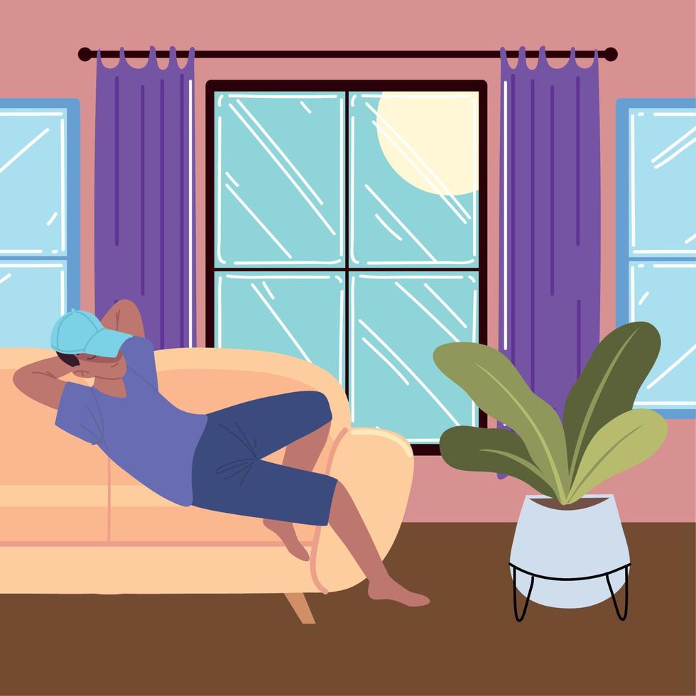 alone man relaxing at home vector