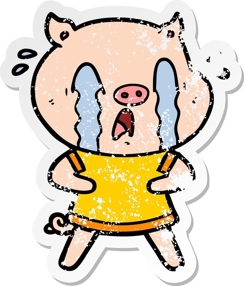 distressed sticker of a crying pig cartoon wearing human clothes vector