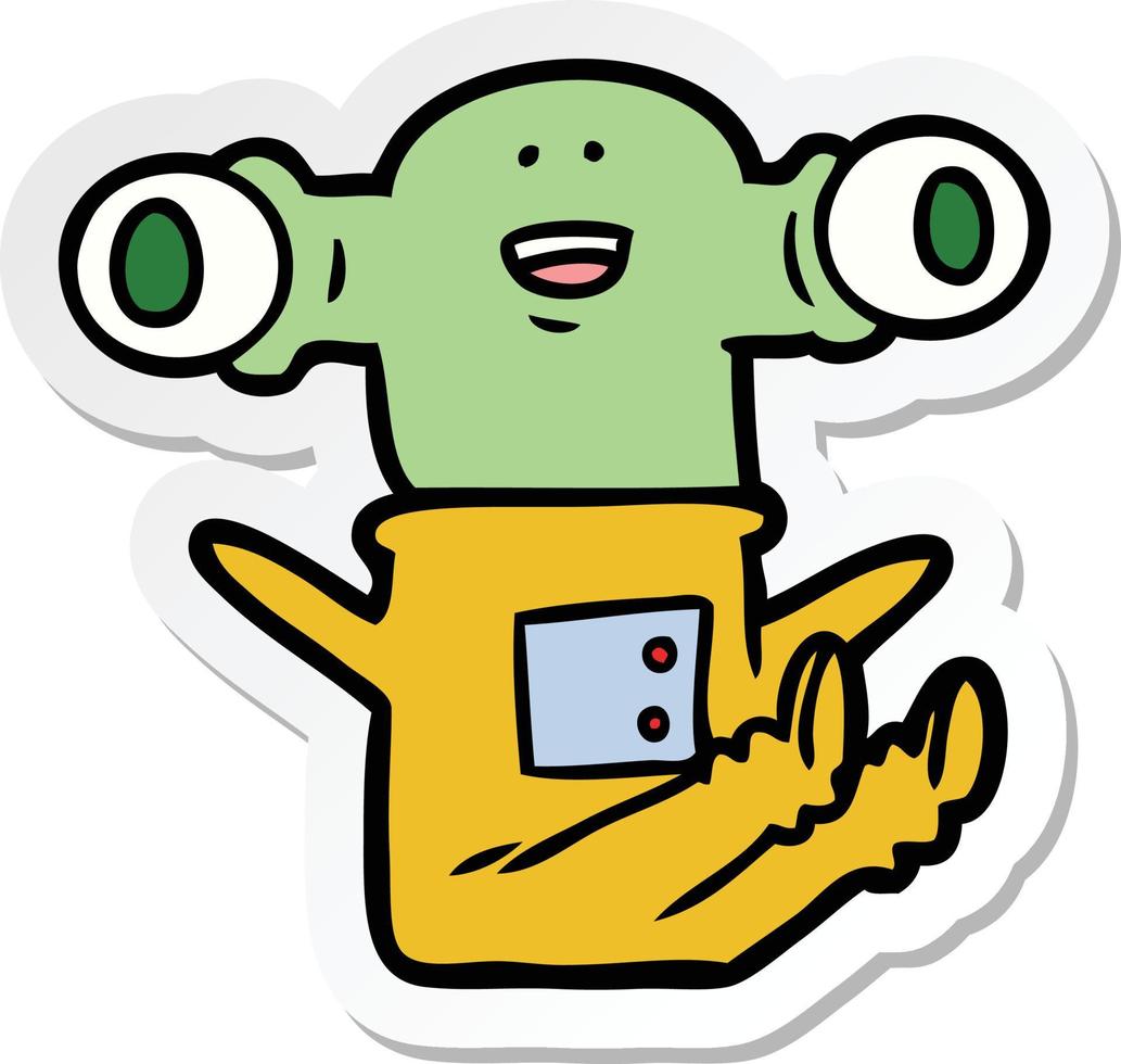 sticker of a friendly cartoon alien sitting down vector