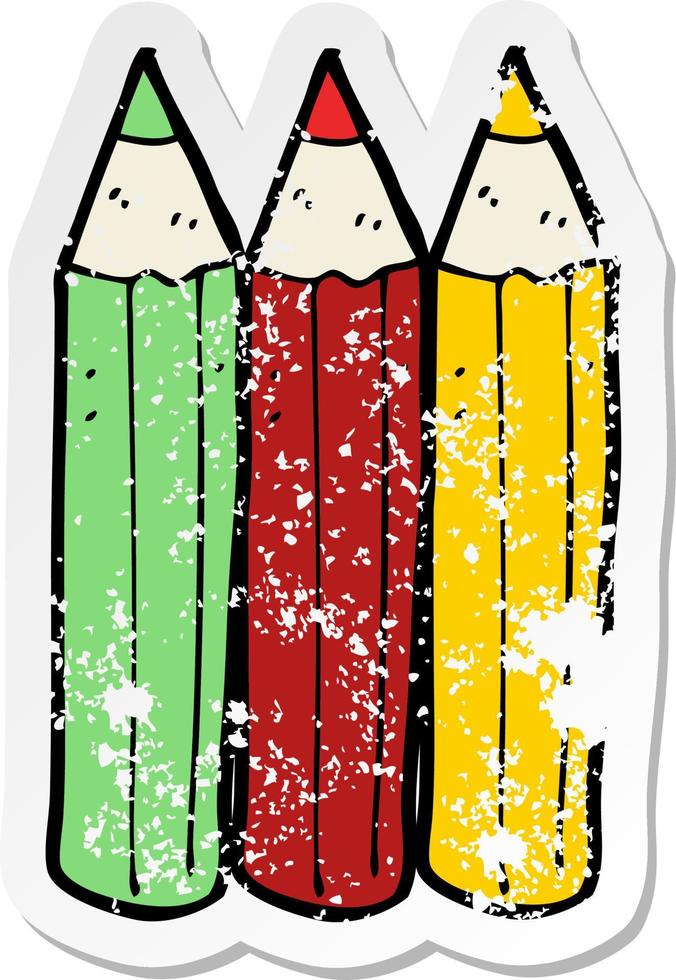 retro distressed sticker of a cartoon coloring pencils vector