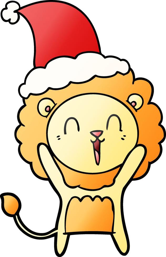 dibujos animados de gradiente de león riendo de un sombrero de santa vector