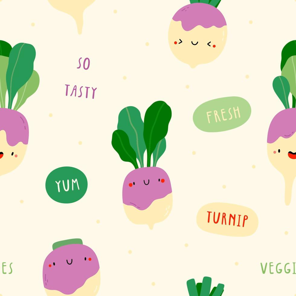 Cute vector pattern with Turnips and words. Hand drawn vegetable texture. Seamless food background