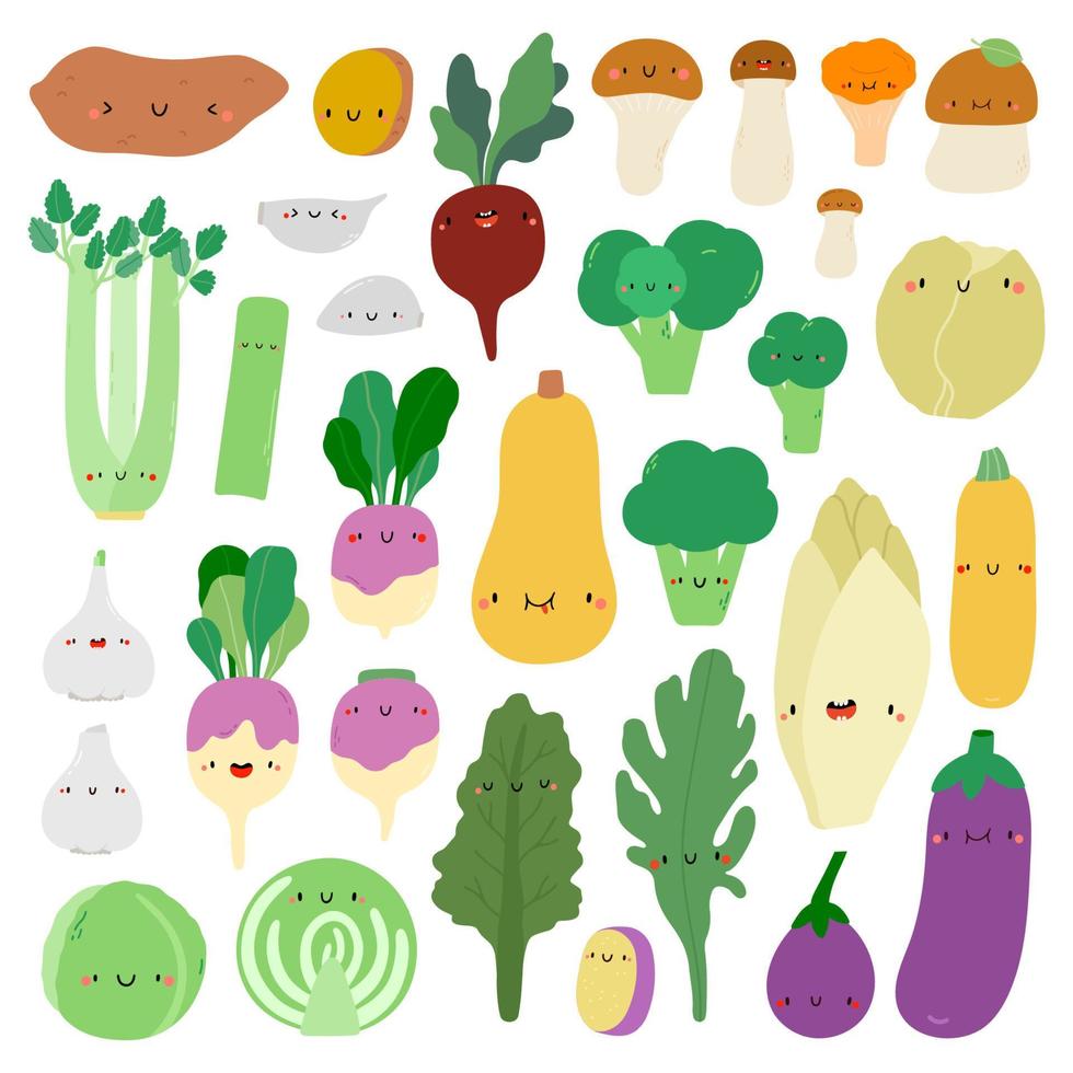 super linda colección de vectores de verduras dibujadas a mano. conjunto de verduras de temporada. personajes de verduras de otoño: batata, remolacha, champiñones, brócoli, apio, nabo, ajo, repollo, rúcula, col rizada