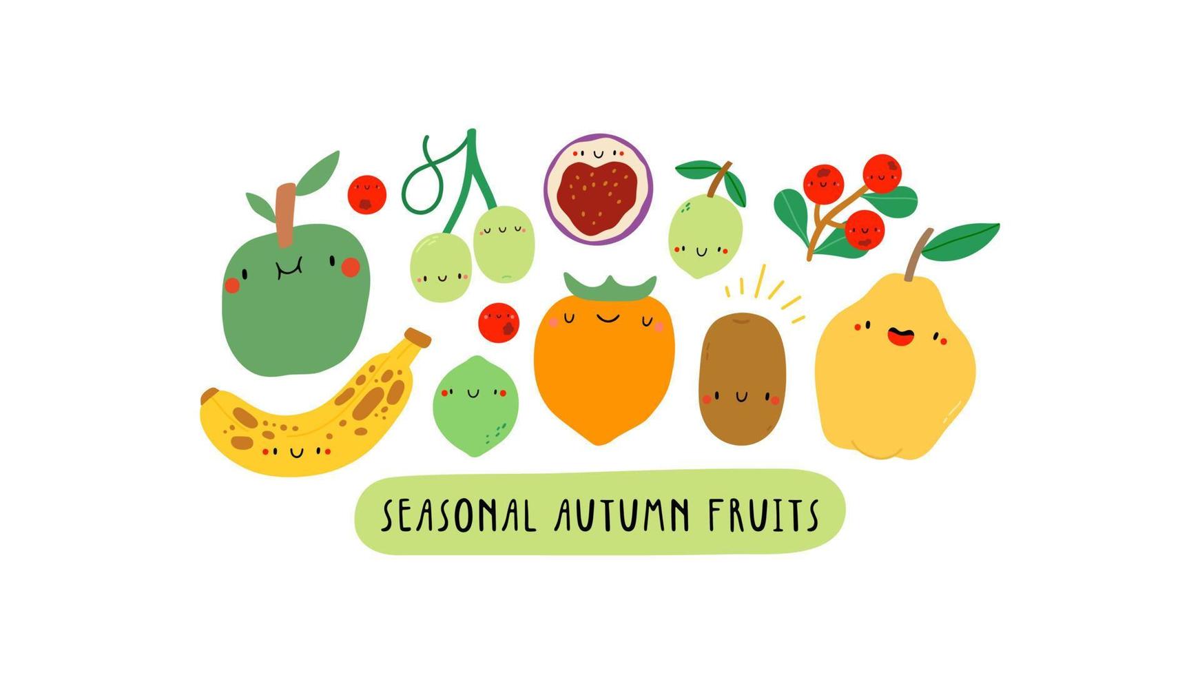 linda ilustración con frutas de otoño de temporada sobre un fondo blanco.  personajes de dibujos animados - plátano, uvas, lima, kiwi, caqui, higo,  membrillo, arándanos. pancarta de frutas saludables 11118494 Vector en  Vecteezy