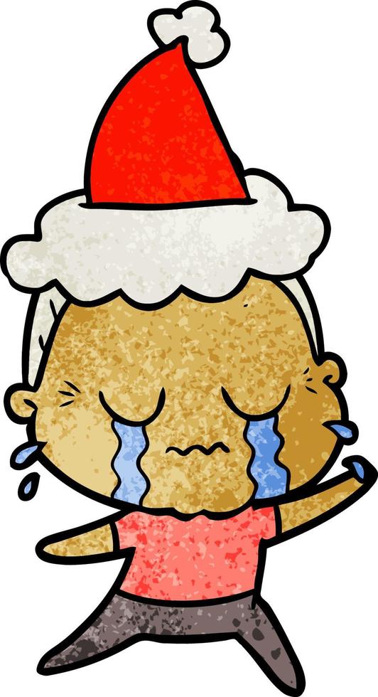 textured cartoon of a crying old lady wearing santa hat vector
