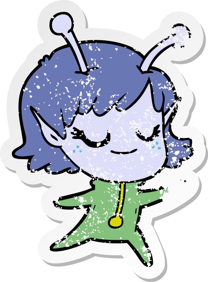distressed sticker of a smiling alien girl cartoon vector