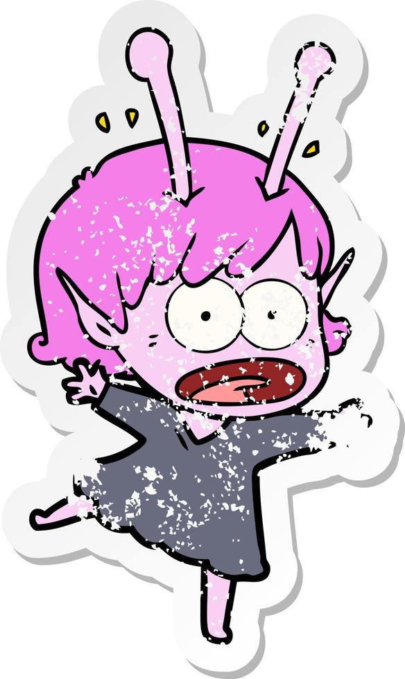 distressed sticker of a cartoon shocked alien girl vector