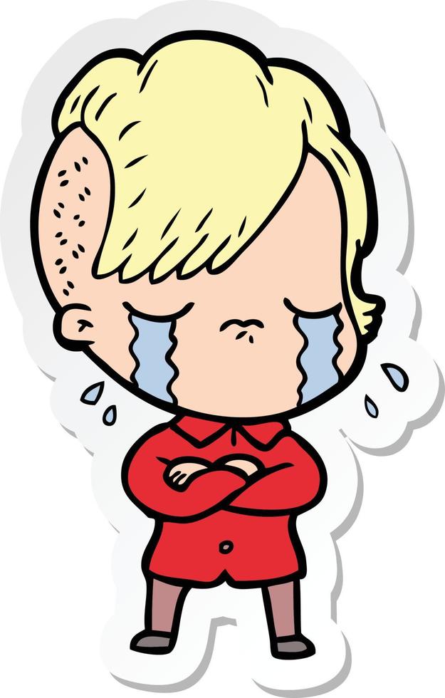 sticker of a cartoon crying girl with crossed arms vector