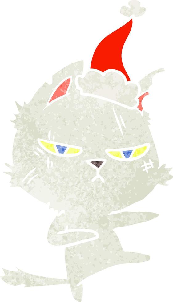 tough retro cartoon of a cat wearing santa hat vector