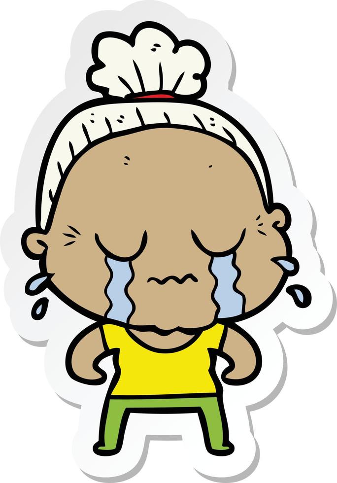 sticker of a cartoon crying old lady vector