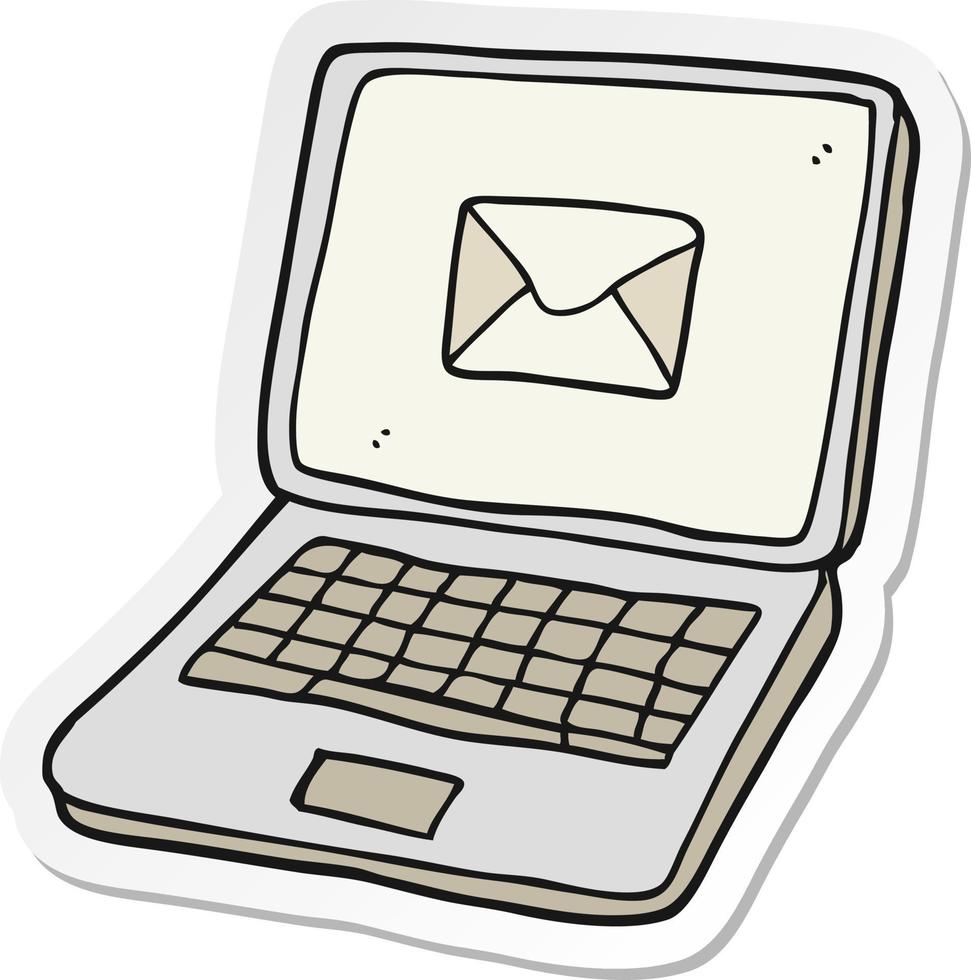 sticker of a cartoon laptop computer with message symbol on screen vector