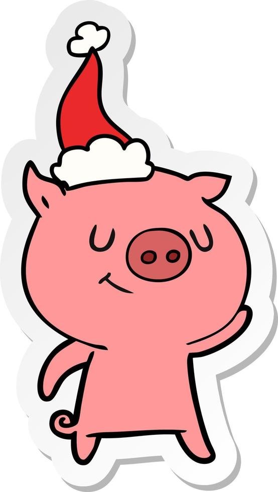 happy sticker cartoon of a pig wearing santa hat vector