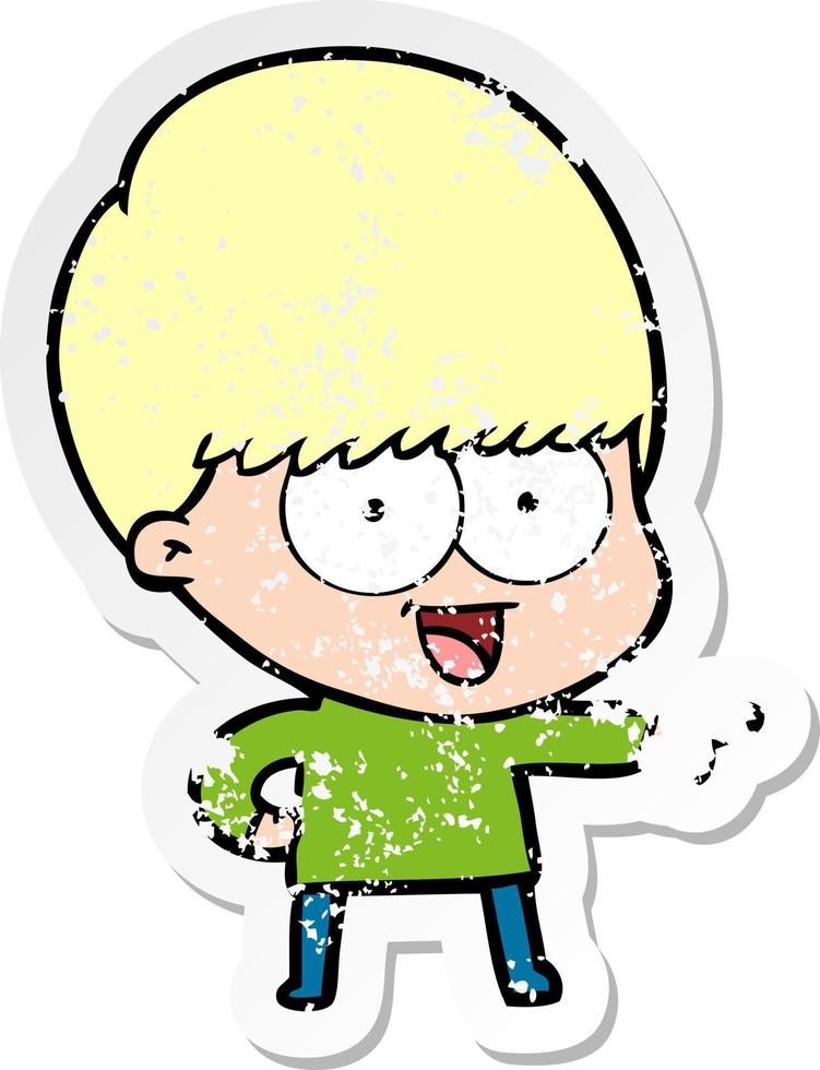distressed sticker of a happy cartoon boy pointing vector
