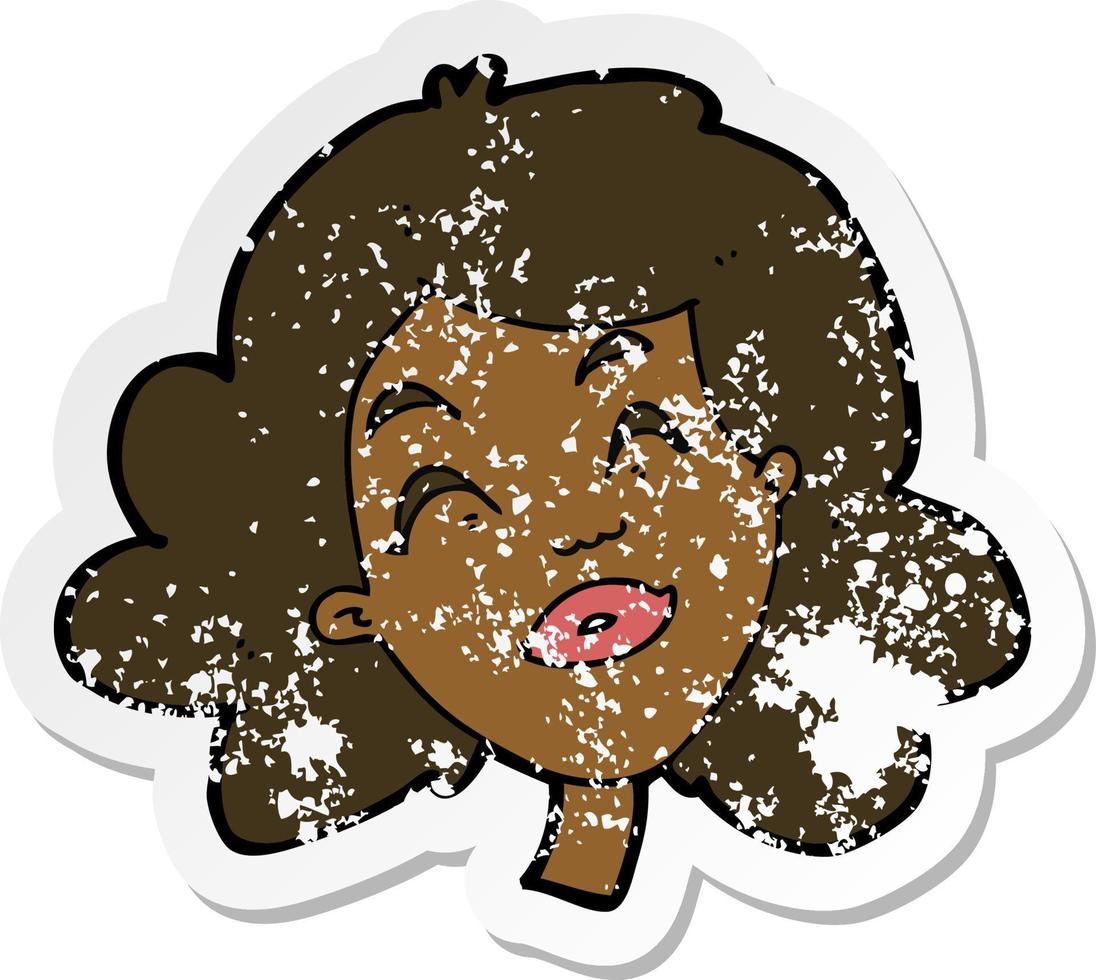 retro distressed sticker of a cartoon happy female face vector