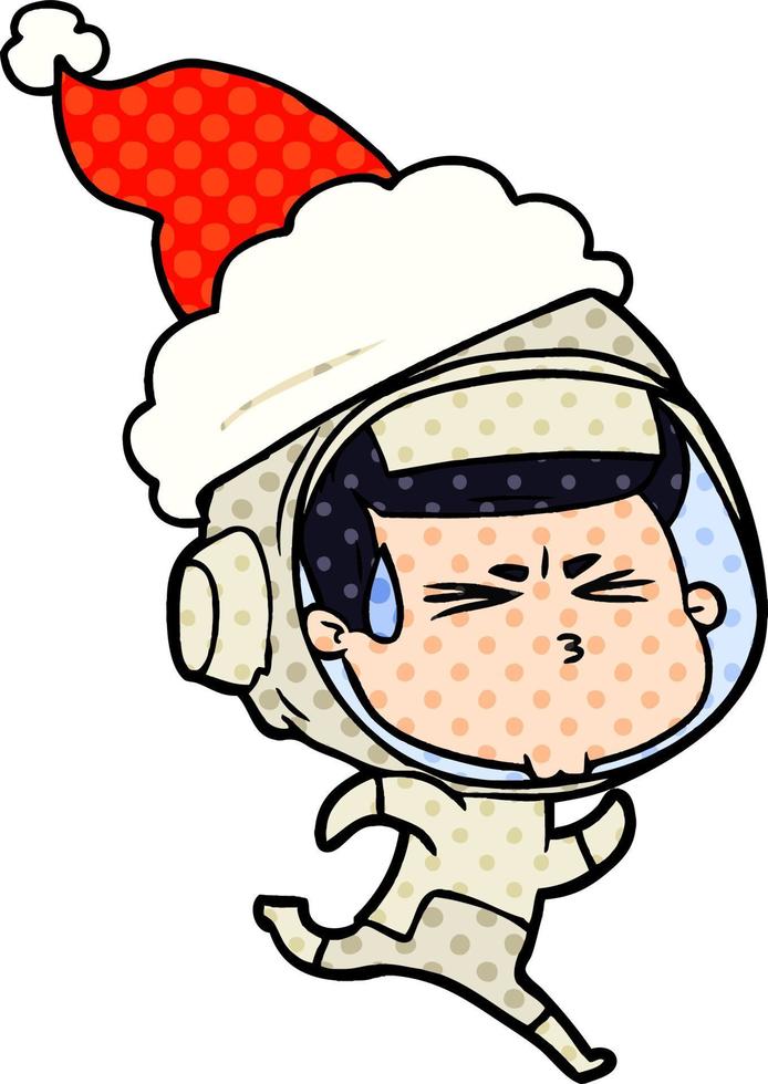 comic book style illustration of a stressed astronaut wearing santa hat vector