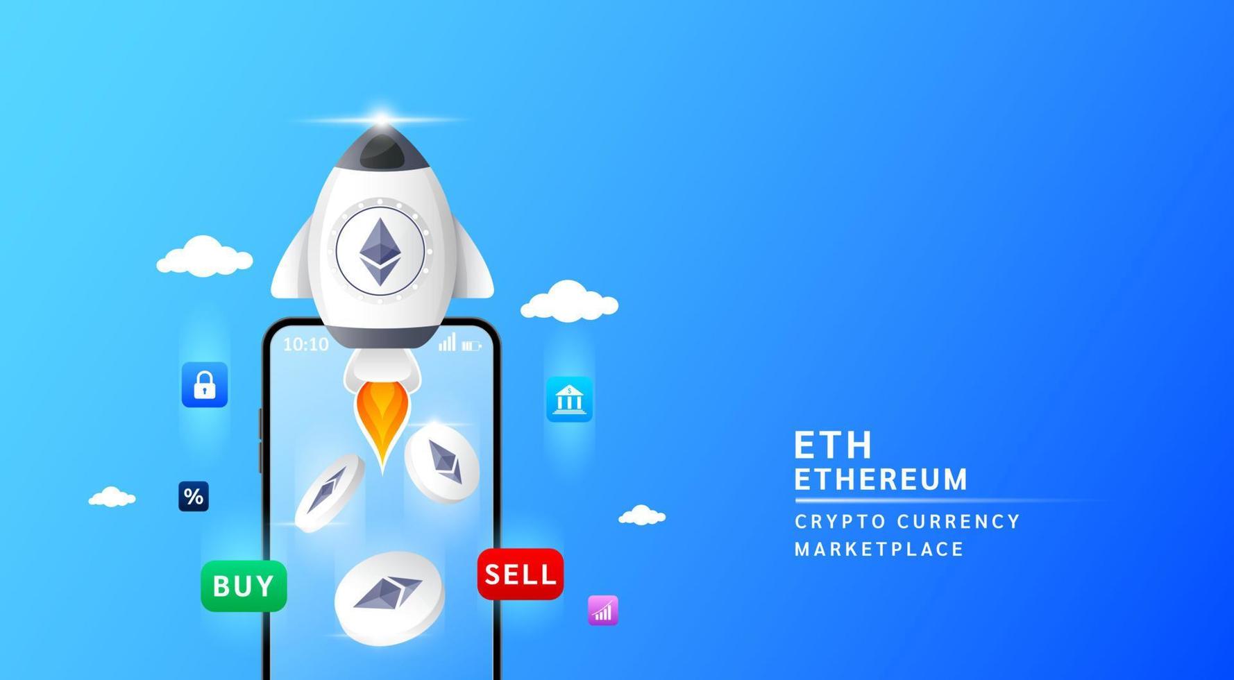 Ethereum coin with spaceship flying leave smartphone to the sky. App for trading crypto currency in stock market. Mobile banking cryptocurrency wallet. 3d Vector illustration.