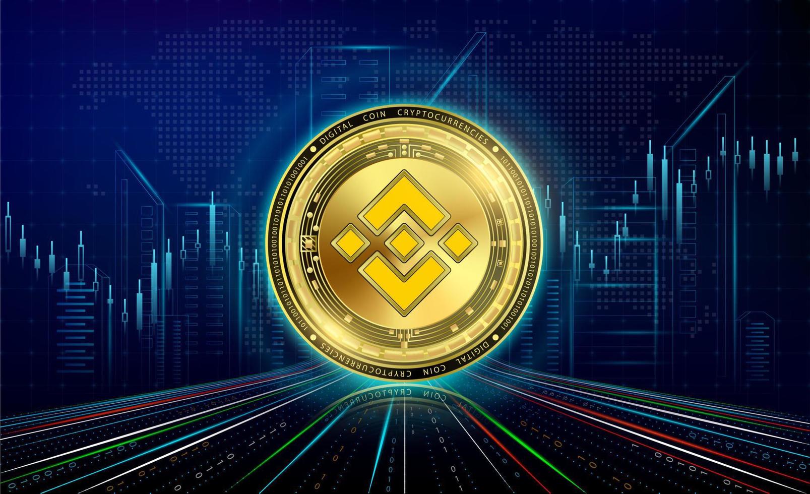 Binance de criptomonedas con tabla de crecimiento. bolsa de valores internacional. tecnología en línea de moneda criptográfica electrónica de cadena de bloques. moneda de oro sobre fondo oscuro de neón de ciudad futurista. vectores 3d