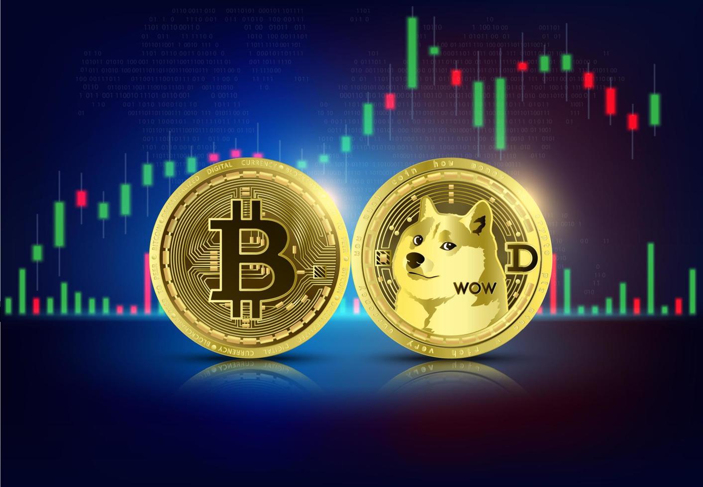 moneda de oro bitcoin y dogecoin en el mapa mundial. criptomoneda crecimiento del mercado de valores de blockchain. tecnología de minería de información de big data. pago electrónico por internet futurista. vectores 3d