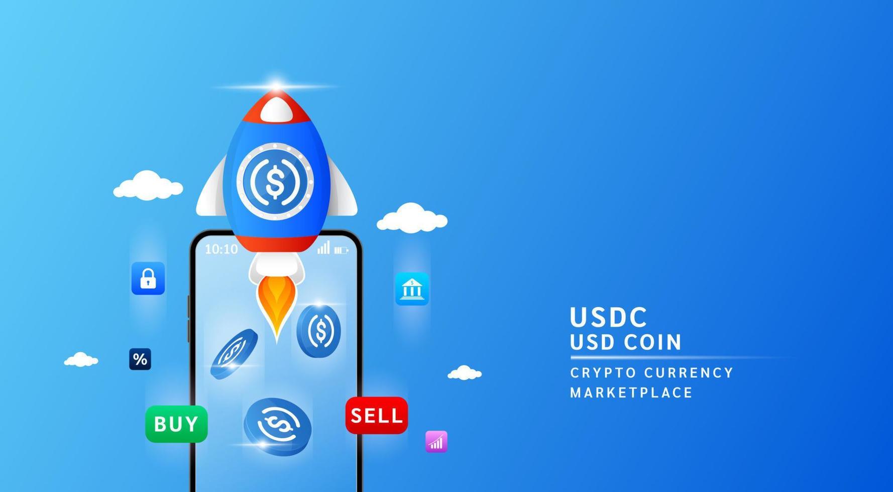 USD coin with spaceship flying leave smartphone to the sky. App for trading crypto currency in stock market. Mobile banking cryptocurrency wallet. 3d Vector illustration.