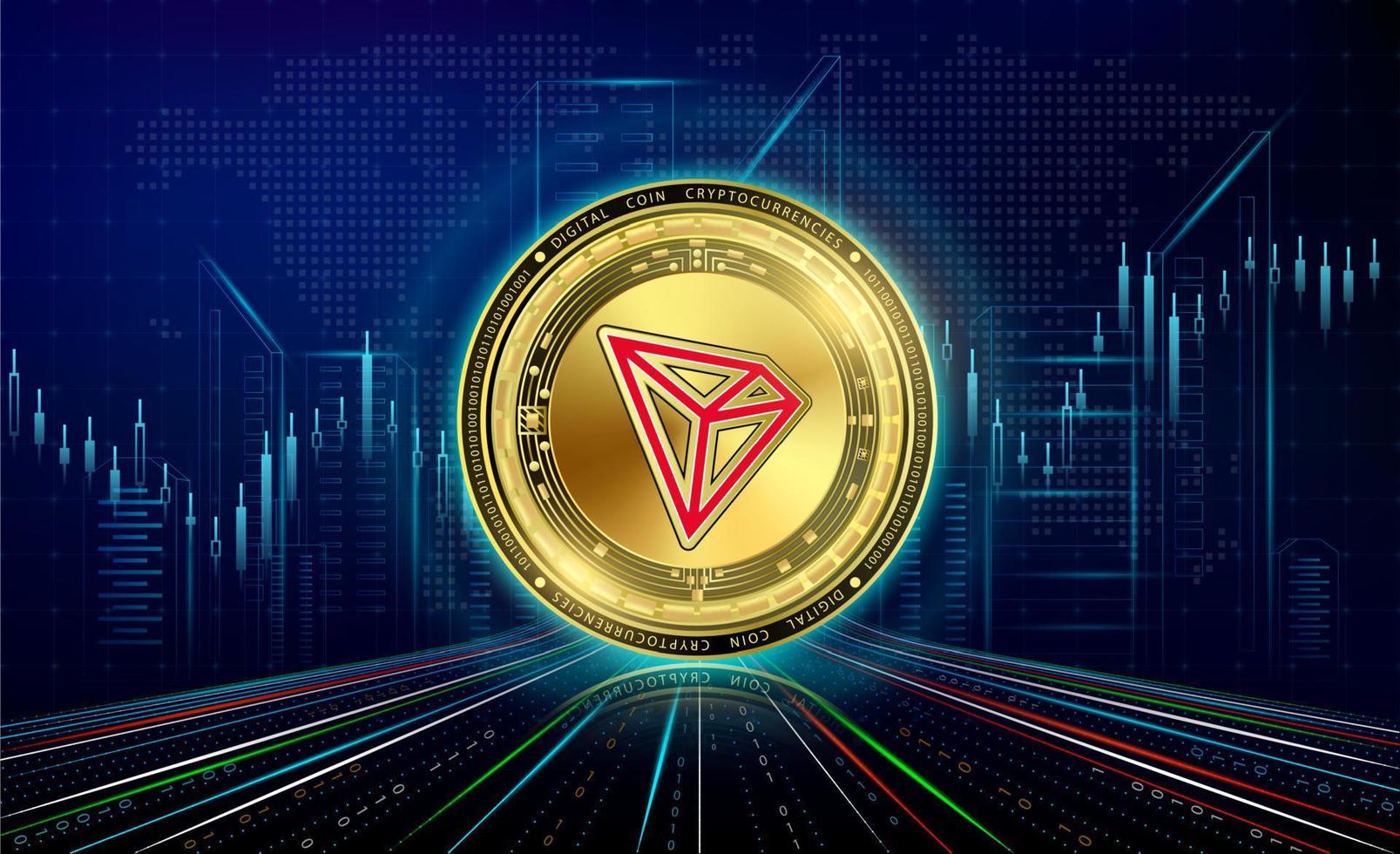 Cryptocurrencies  Tron with growth chart. International stock exchange. Block chain electronic crypto currency online technology. Coin gold on futuristic city neon dark background. 3D Vector. vector