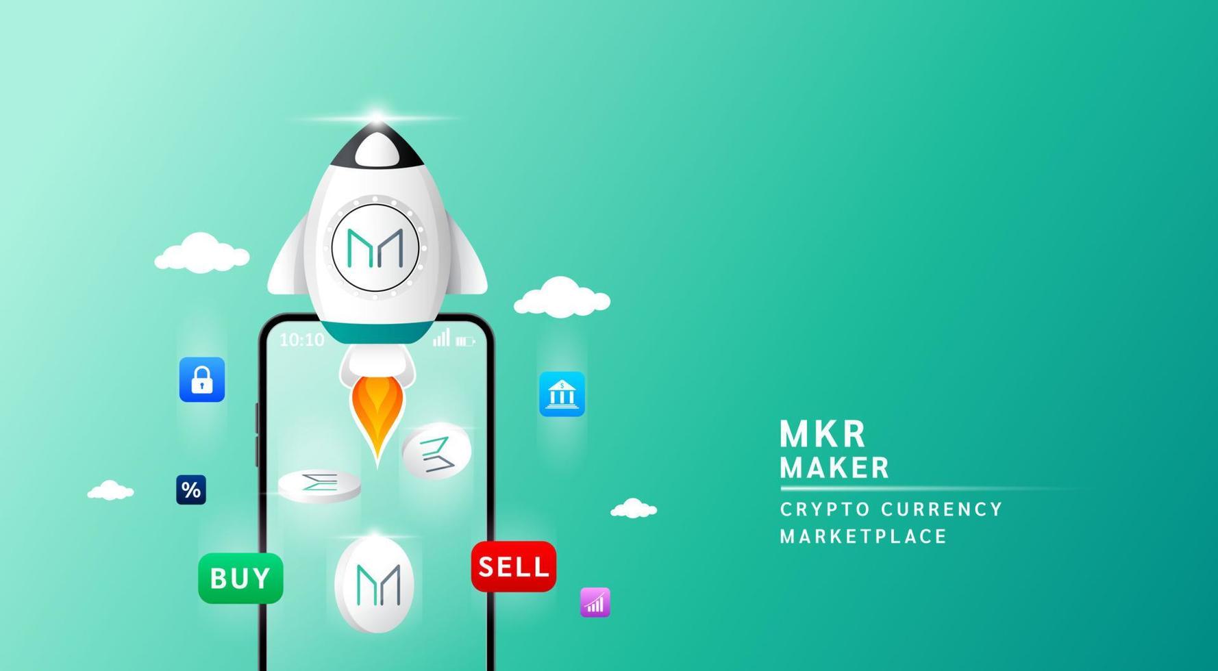 Maker coin with spaceship flying leave smartphone to the sky. App for trading crypto currency in stock market. Mobile banking cryptocurrency wallet. 3d Vector illustration.