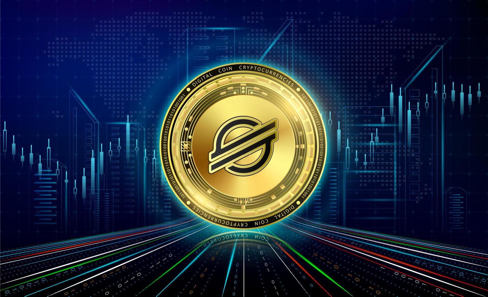 Cryptocurrencies  Stellar with growth chart. International stock exchange. Block chain electronic crypto currency online technology. Coin gold on futuristic city neon dark background. 3D Vector. vector