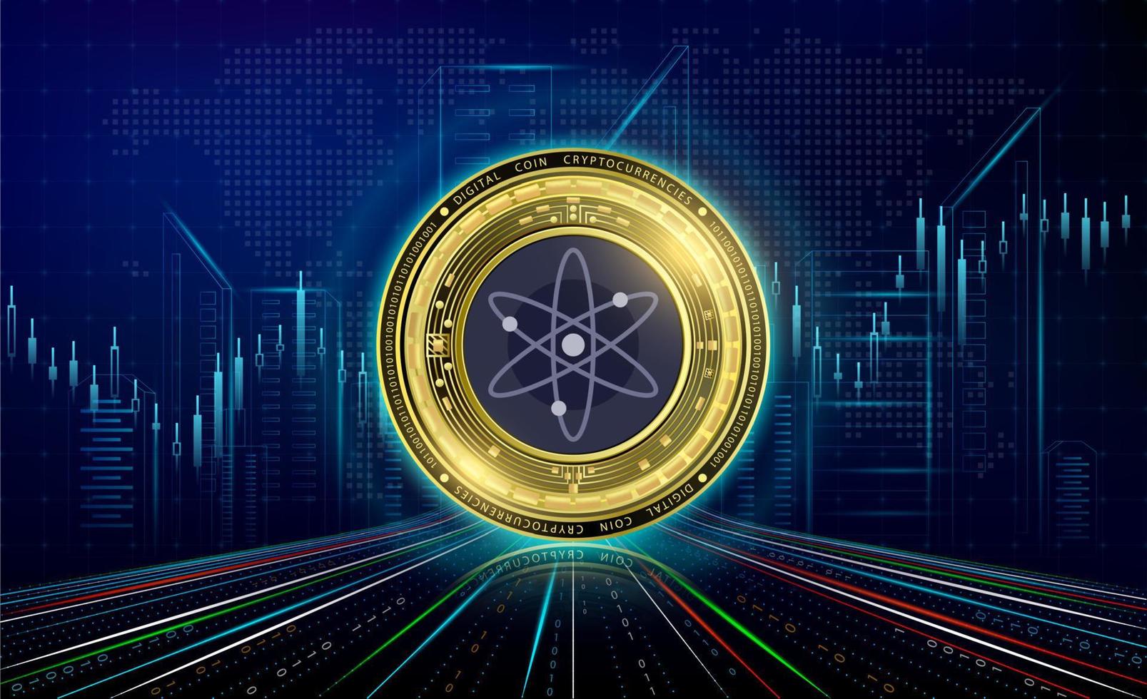 Cryptocurrencies  Cosmos with growth chart. International stock exchange. Block chain electronic crypto currency online technology. Coin gold on futuristic city neon dark background. 3D Vector. vector