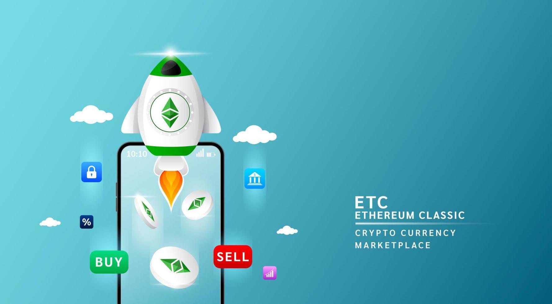 Ethereum classic coin with spaceship flying leave smartphone to the sky. App for trading crypto currency in stock market. Mobile banking cryptocurrency wallet. 3d Vector illustration.