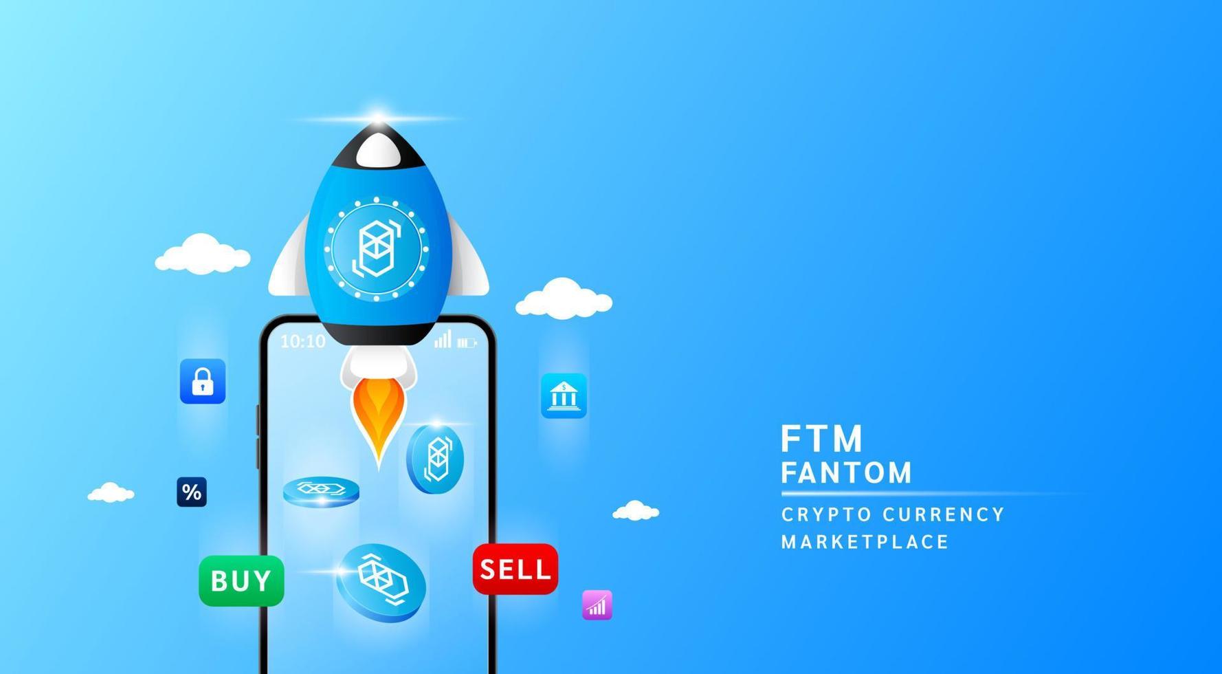 Fantom coin with spaceship flying leave smartphone to the sky. App for trading crypto currency in stock market. Mobile banking cryptocurrency wallet. 3d Vector illustration.