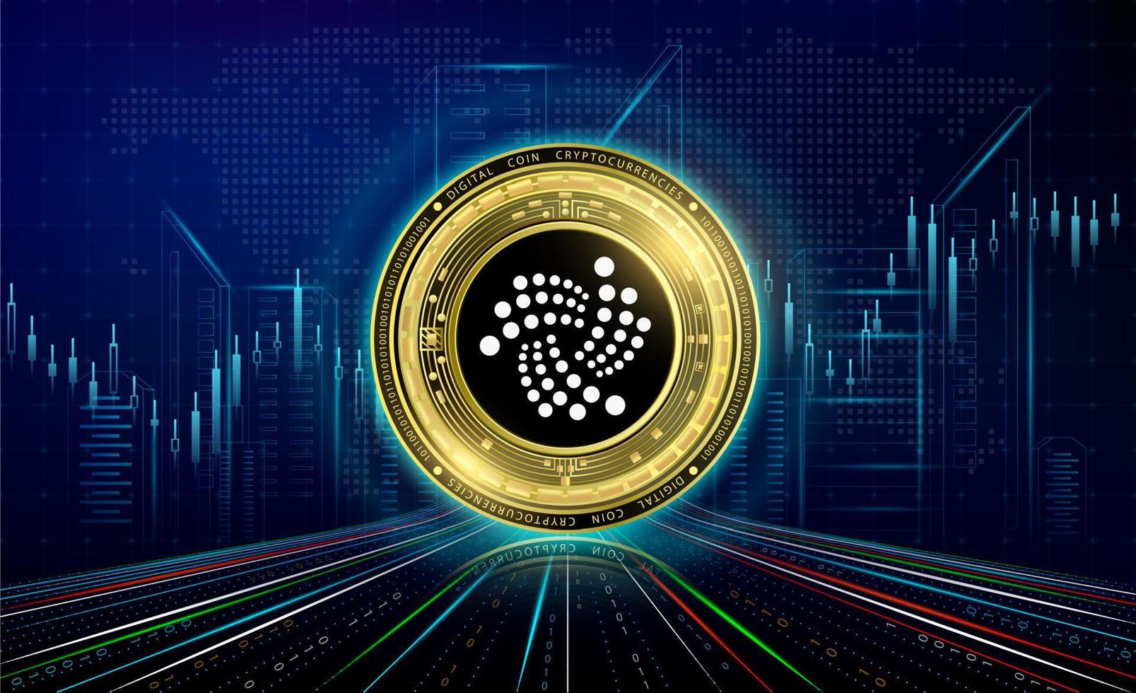 criptomonedas iota con tabla de crecimiento. bolsa de valores internacional. tecnología en línea de moneda criptográfica electrónica de cadena de bloques. moneda de oro sobre fondo oscuro de neón de ciudad futurista. vectores 3d