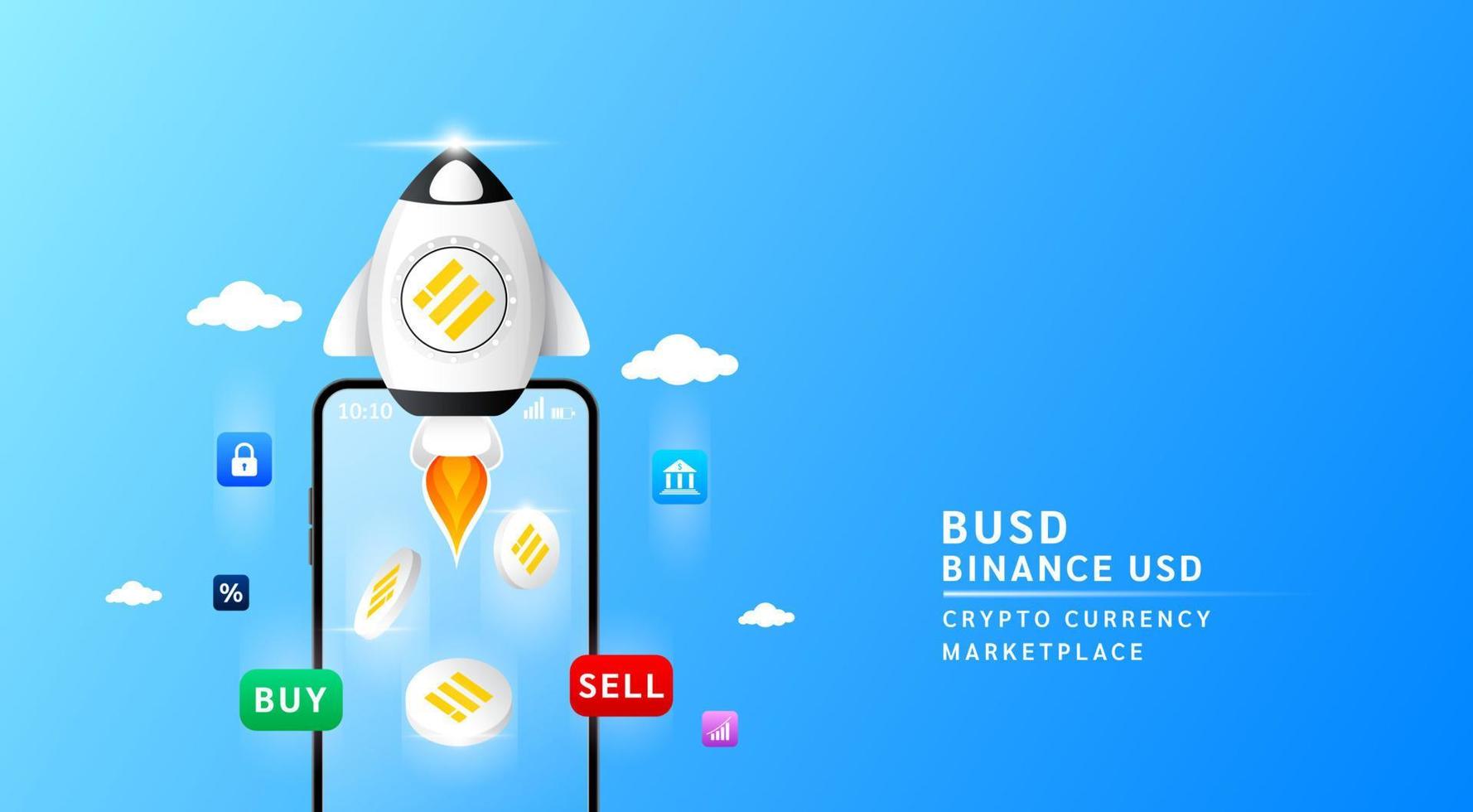 Binance USD BUSD coin with spaceship flying leave smartphone to the sky. App for trading crypto currency in stock market. Mobile banking cryptocurrency wallet. 3d Vector illustration.