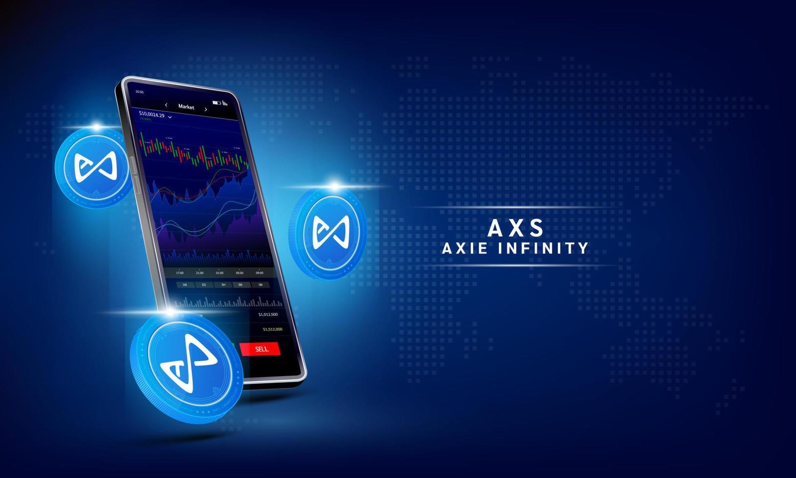 Axie Infinity coin and Phone. App for trading crypto currency on the touch screen smartphone. Data analytics stock market. Trends and financial strategy. Mobile banking cryptocurrency. Vector 3d.